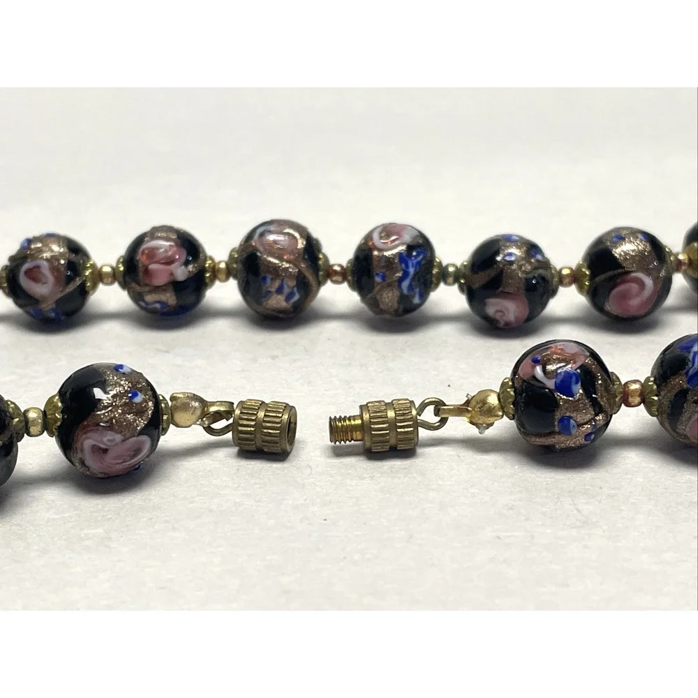 Vintage Venetian Wedding Cake Glass Bead Necklace Black Pink Blue Gold 22 inch